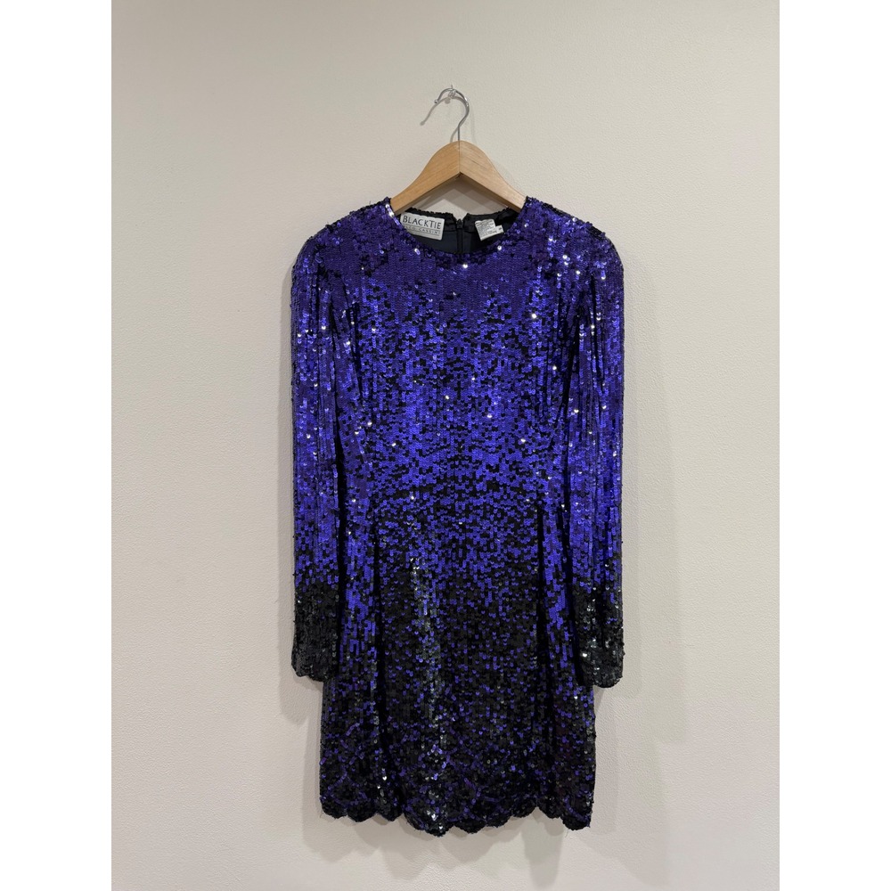 Vintage Oleg Cassini Black Tie Purple Ombre Sequin Silk Mini Dress Size 8 80s